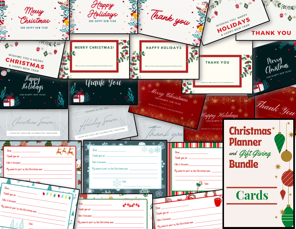 A collection of Organized 31 Shop's Christmas Planner & Gift Giving Bundle invitations and cards.