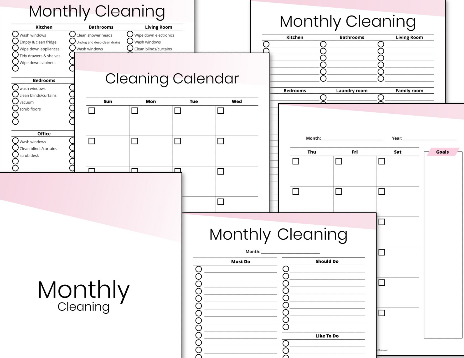 A collection of printable monthly cleaning schedule templates, including the Organized 31 Shop Cleaning Binder Fillable - Pink and checklist, with various layouts for organizing cleaning tasks.