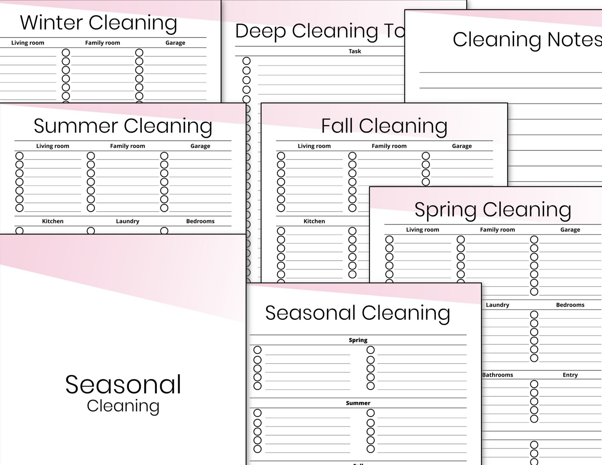 Assorted seasonal cleaning checklists in the Organized 31 Shop Cleaning Binder Fillable - Pink for organizing household tasks.
