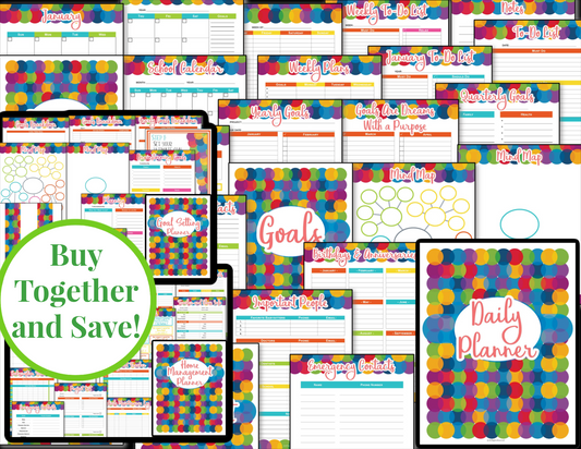A set of Colorful Circles Planners Bundle with the words buy together and save from Organized 31 Shop.