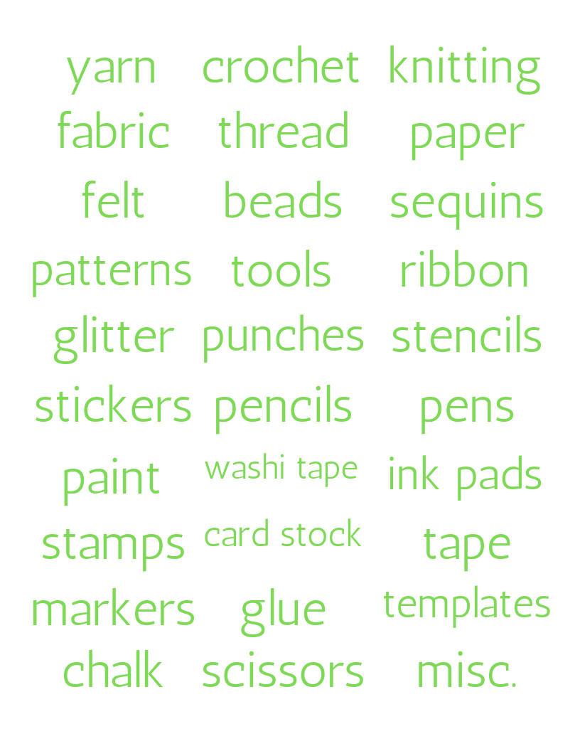 A list of Craft Room Labels with the words yarn, crochet, knitting, and more from Organized 31 Shop.