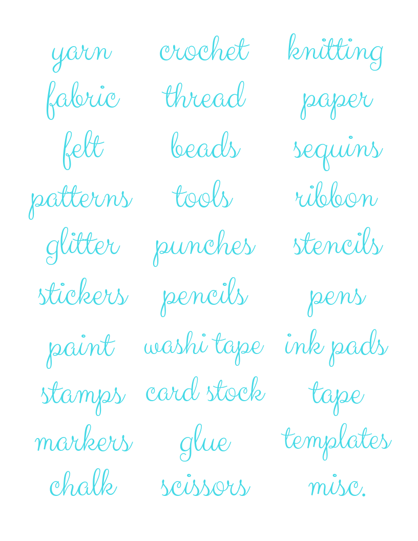A white Craft Room Labels background with different words written on it by Organized 31 Shop.