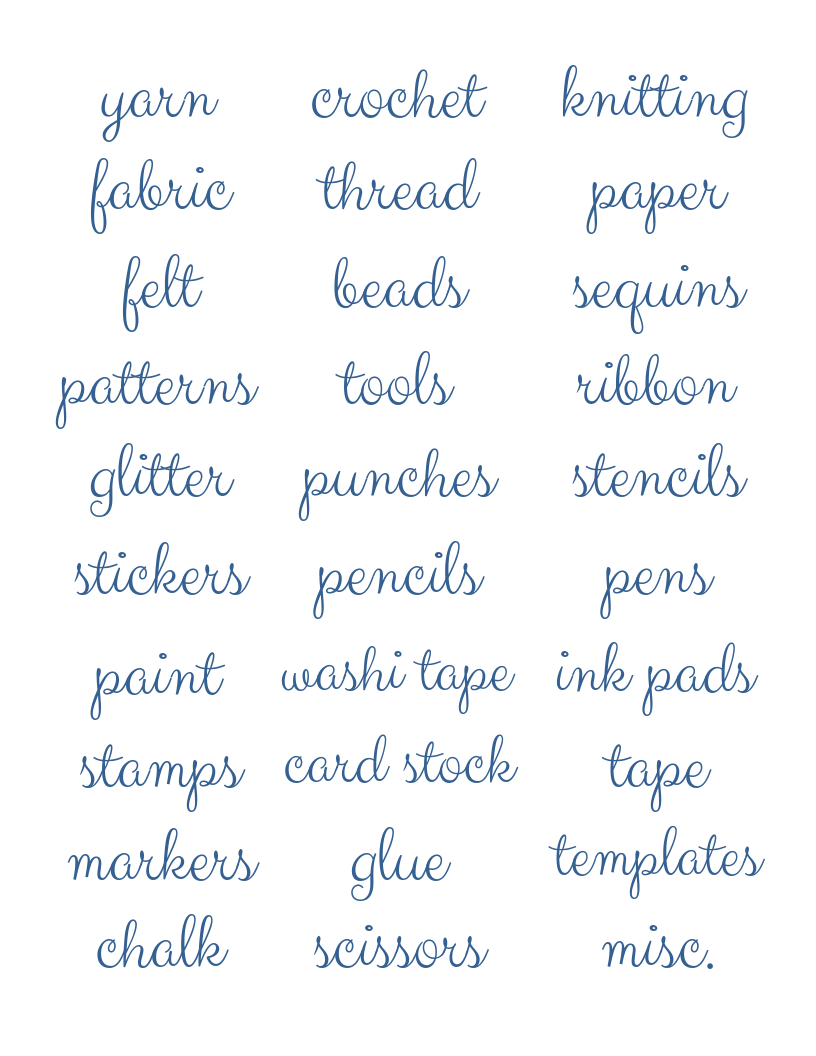 A list of different words that can be used to make Craft Room Labels by Organized 31 Shop.
