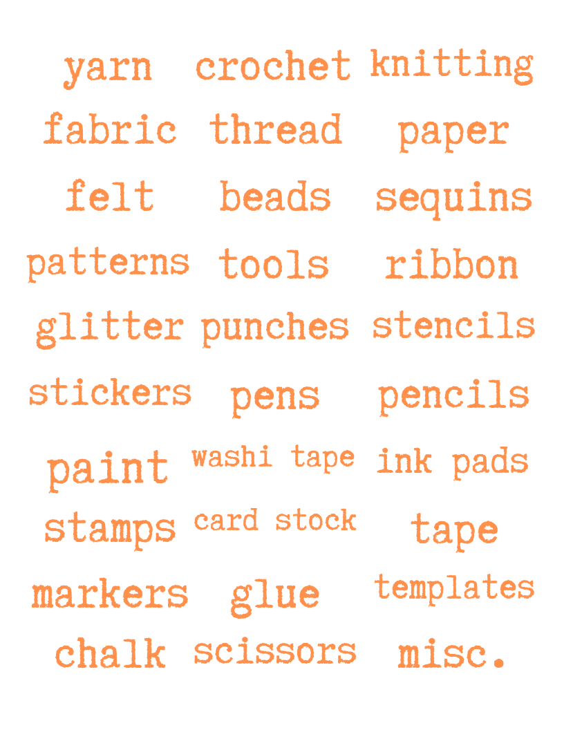 A list of Craft Room Labels by Organized 31 Shop in orange and white.