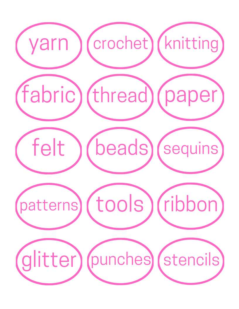 An Organized 31 Shop Craft Room Labels with the words yarn, knitting, crochet, and more.