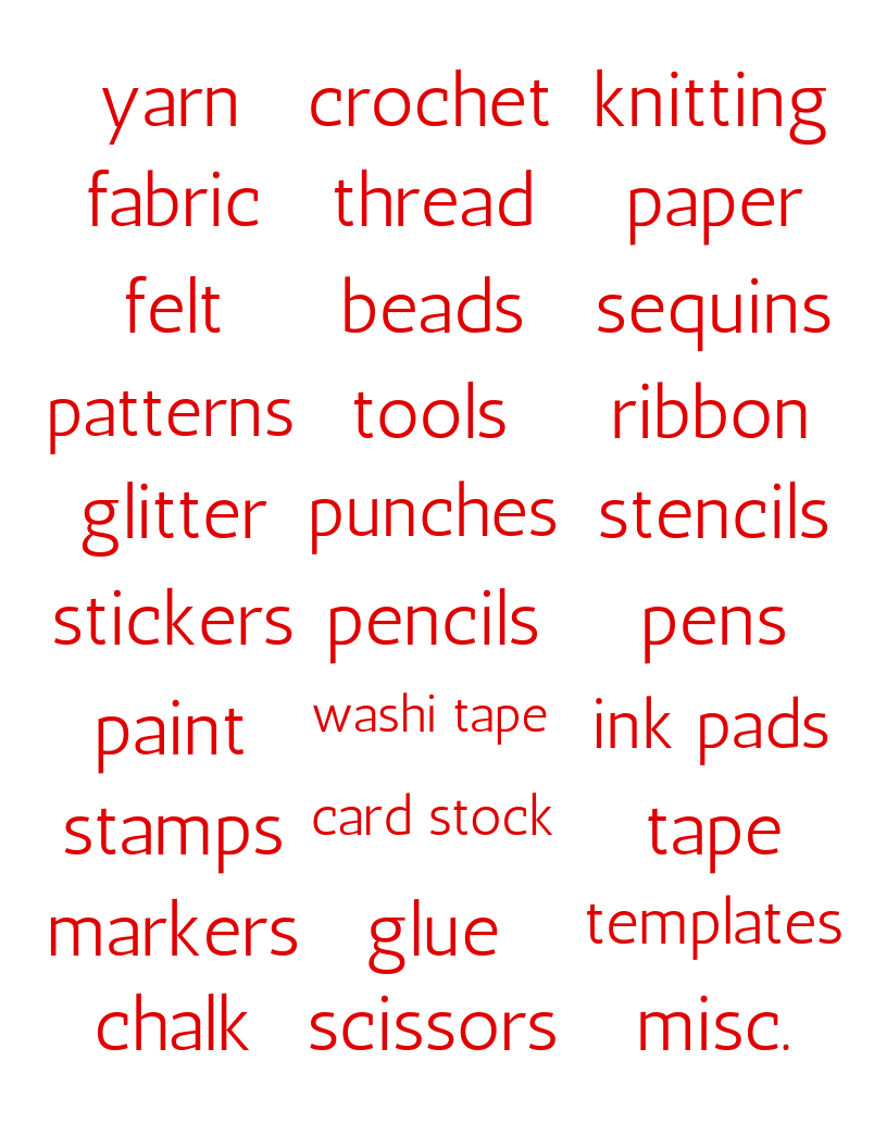A list of Craft Room Labels by Organized 31 Shop with different words on them.
