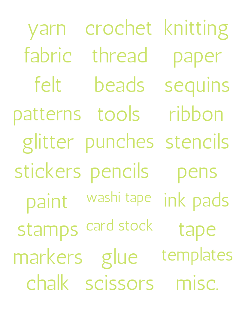 A list of words with the words Craft Room Labels, crochet, knitting, and sewing by Organized 31 Shop.