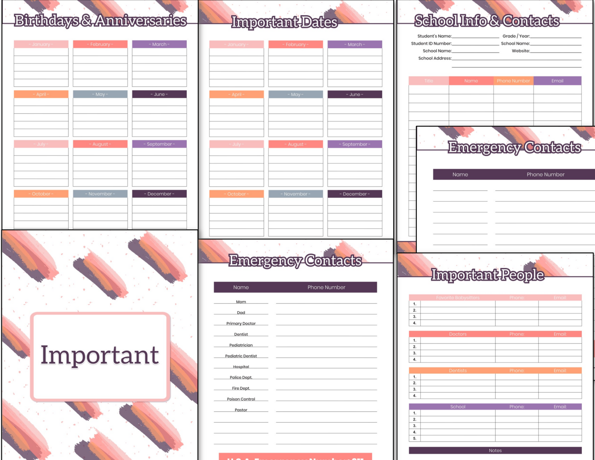 A set of Daily Planner - Fillable Pink Grey Brushstroke organizers from the Organized 31 Shop featuring the word "important".