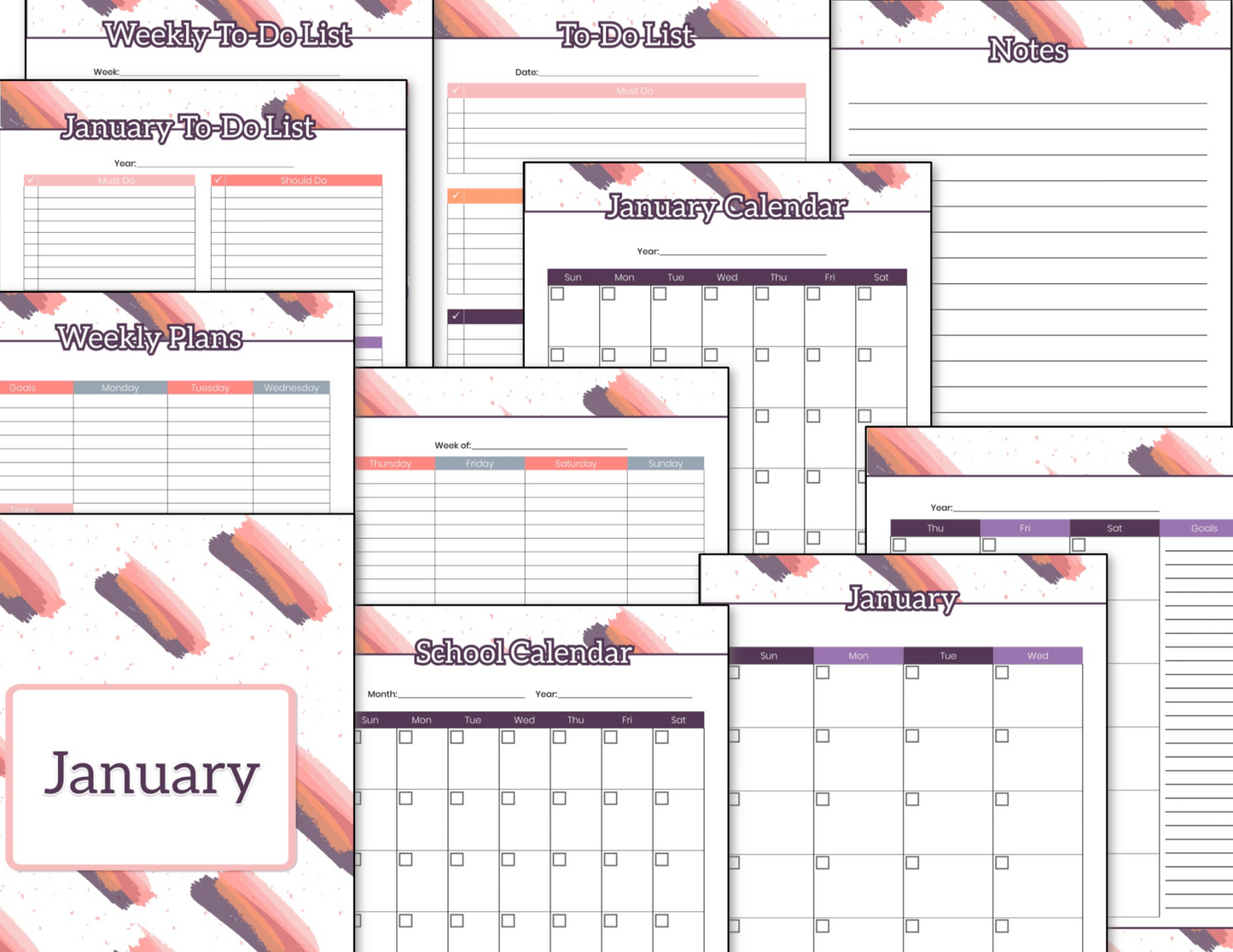 January planner printables with a Daily Planner - Fillable Pink Grey Brushstroke for organizing offered by Organized 31 Shop.