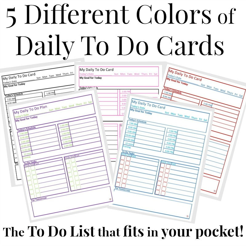 A collection of five color-coded Organized 31 Shop Daily To Do Card planner cards designed to fit in a pocket.