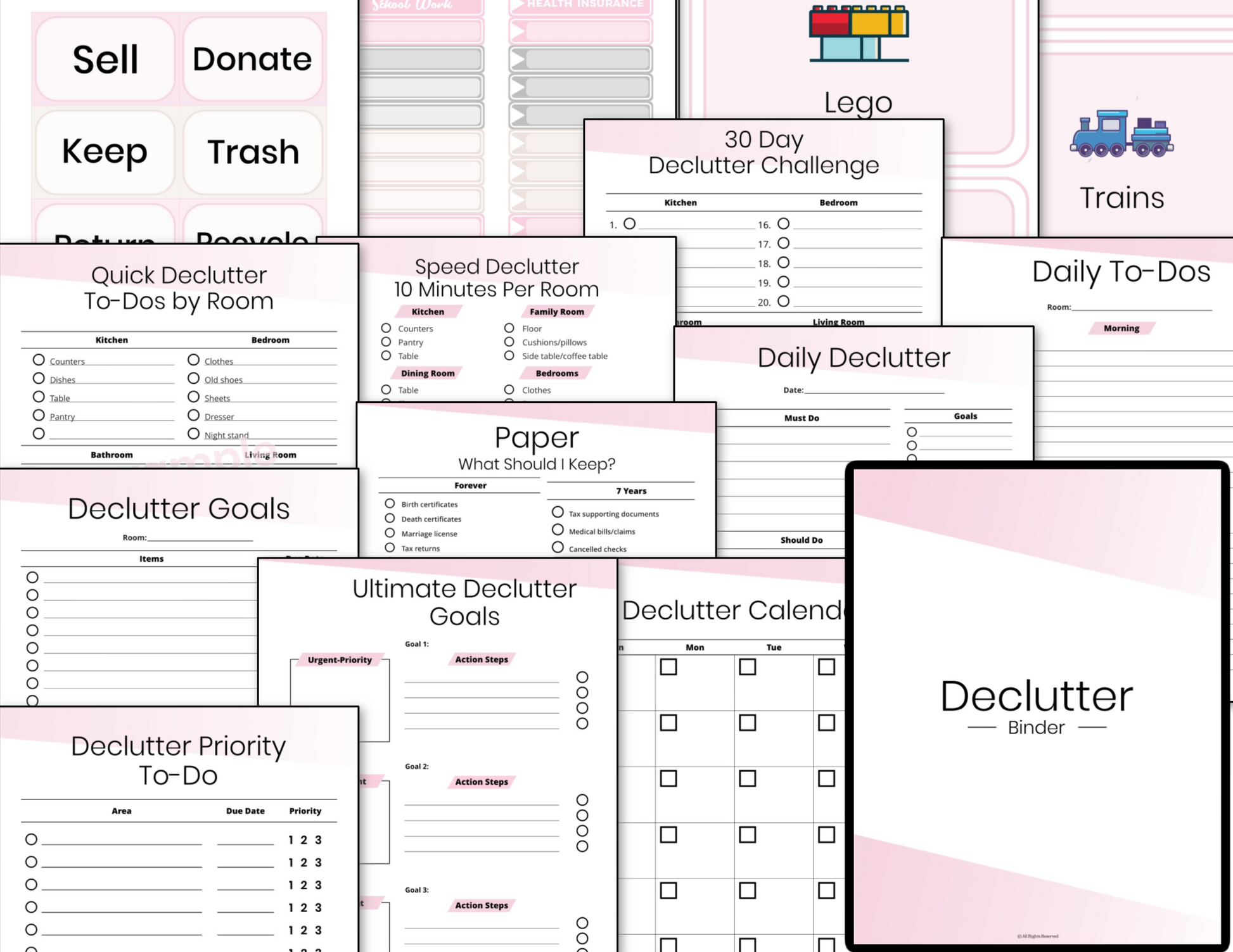 Collage of various Declutter Binder Fillable - Pink templates and planners from Organized 31 Shop, including sections for room-specific tasks and decision guides.