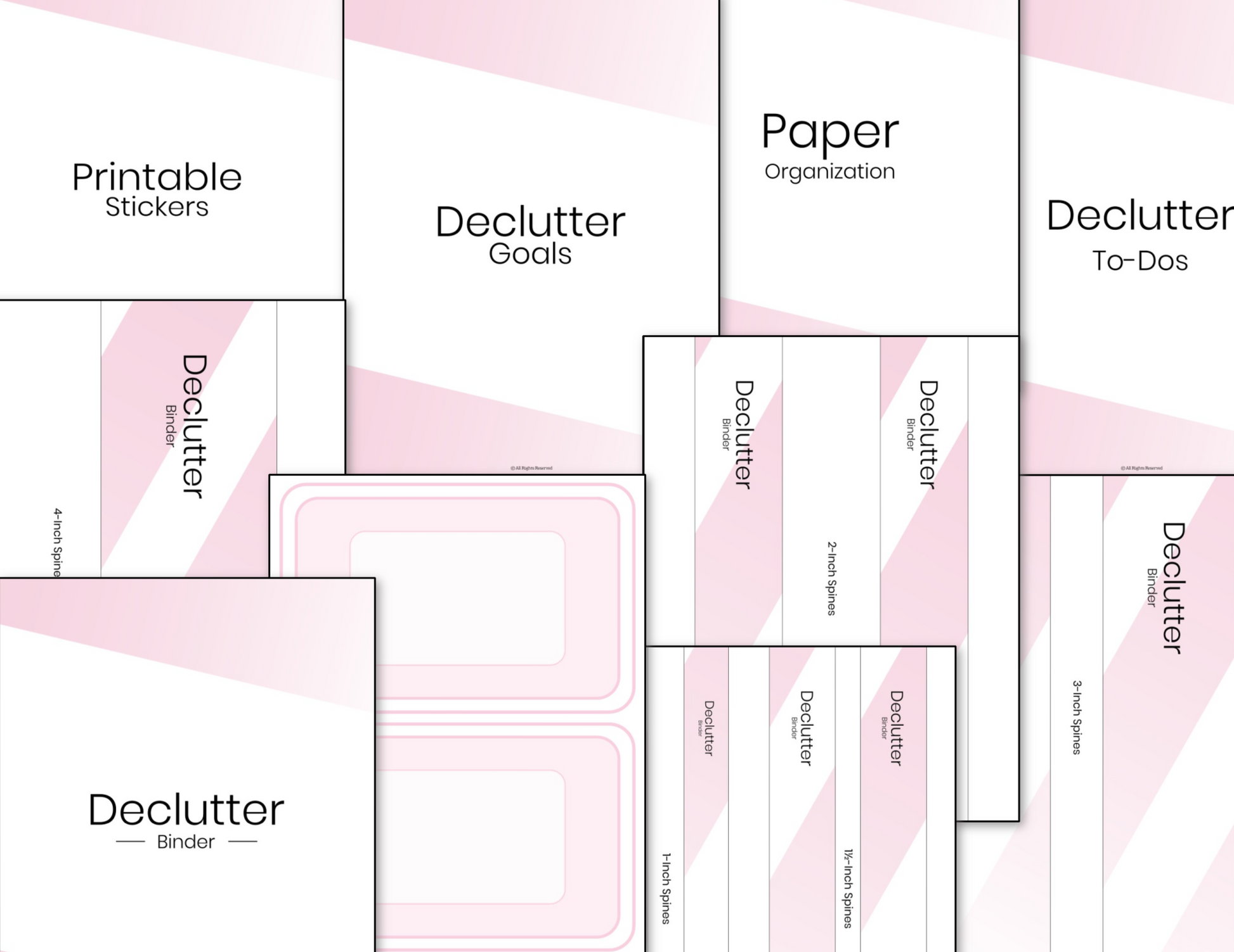 A collection of pink and white home organization printable labels and Organized 31 Shop's Declutter Binder Fillable - Pink templates, including stickers and binder covers.