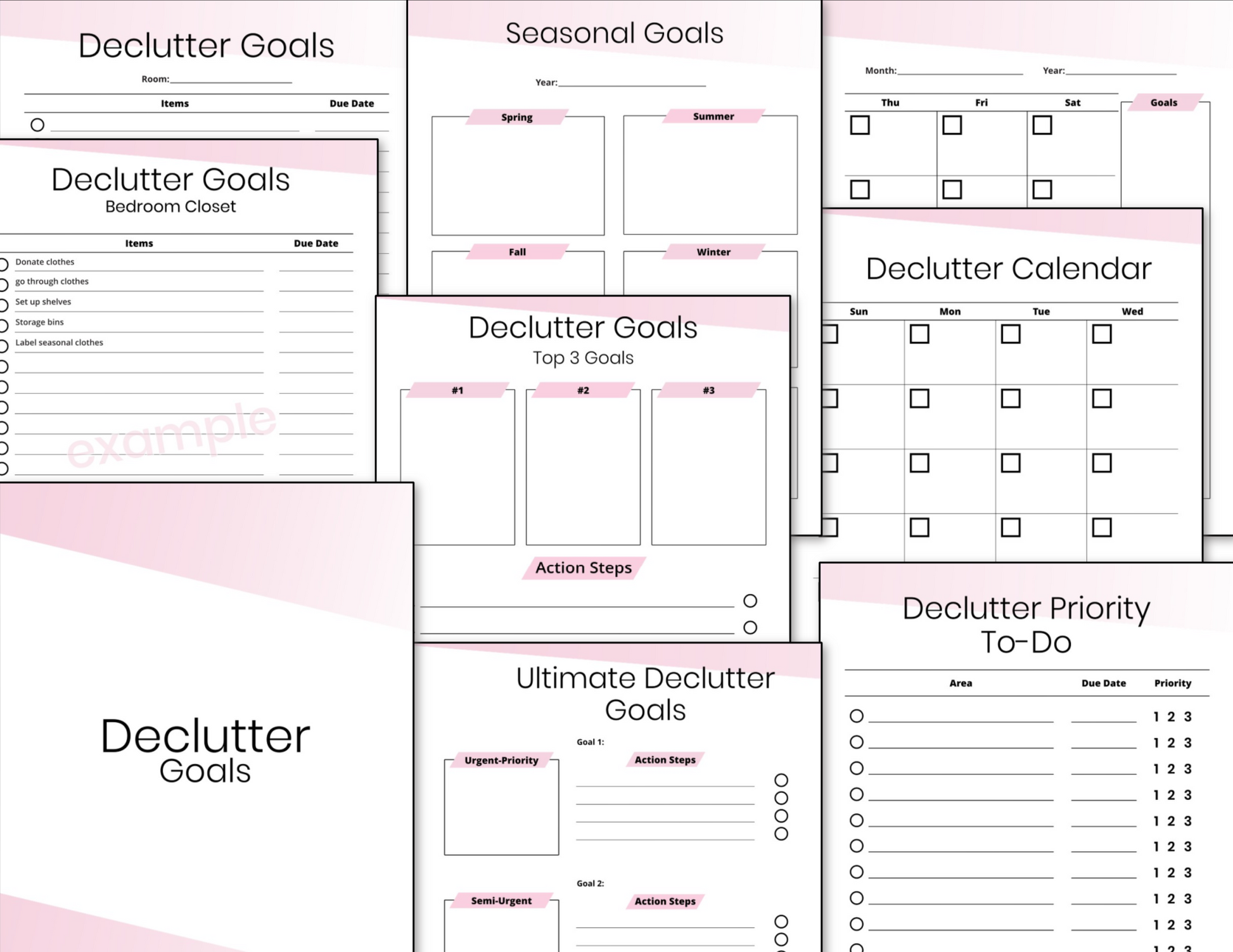 Various printable Declutter Binder Fillable - Pink worksheets in shades of pink and gray, featuring sections to fill in goals, action steps, and priorities from Organized 31 Shop.