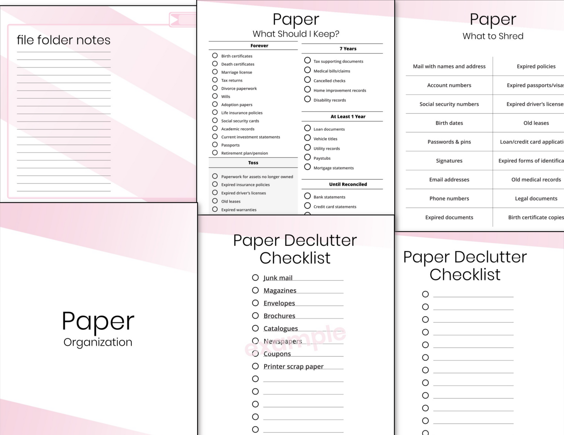 An image showing three digital documents titled "paper organization," "document checklist," and "Declutter Binder Fillable - Pink," with lists and checkboxes for organizing papers from the Organized 31 Shop.