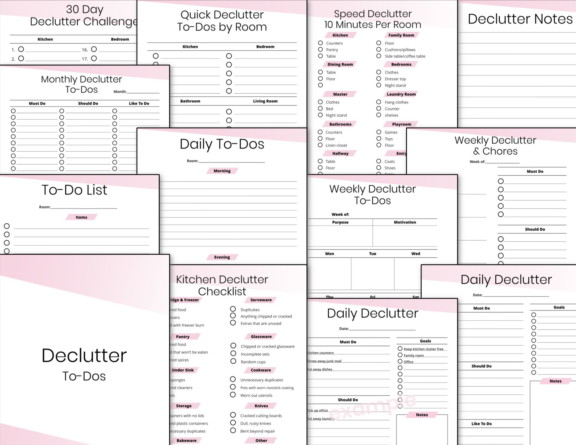 Collage of various printable Declutter Binder Fillable - Pink, decluttering binder, and to-do lists for home organization in different rooms and tasks from Organized 31 Shop.