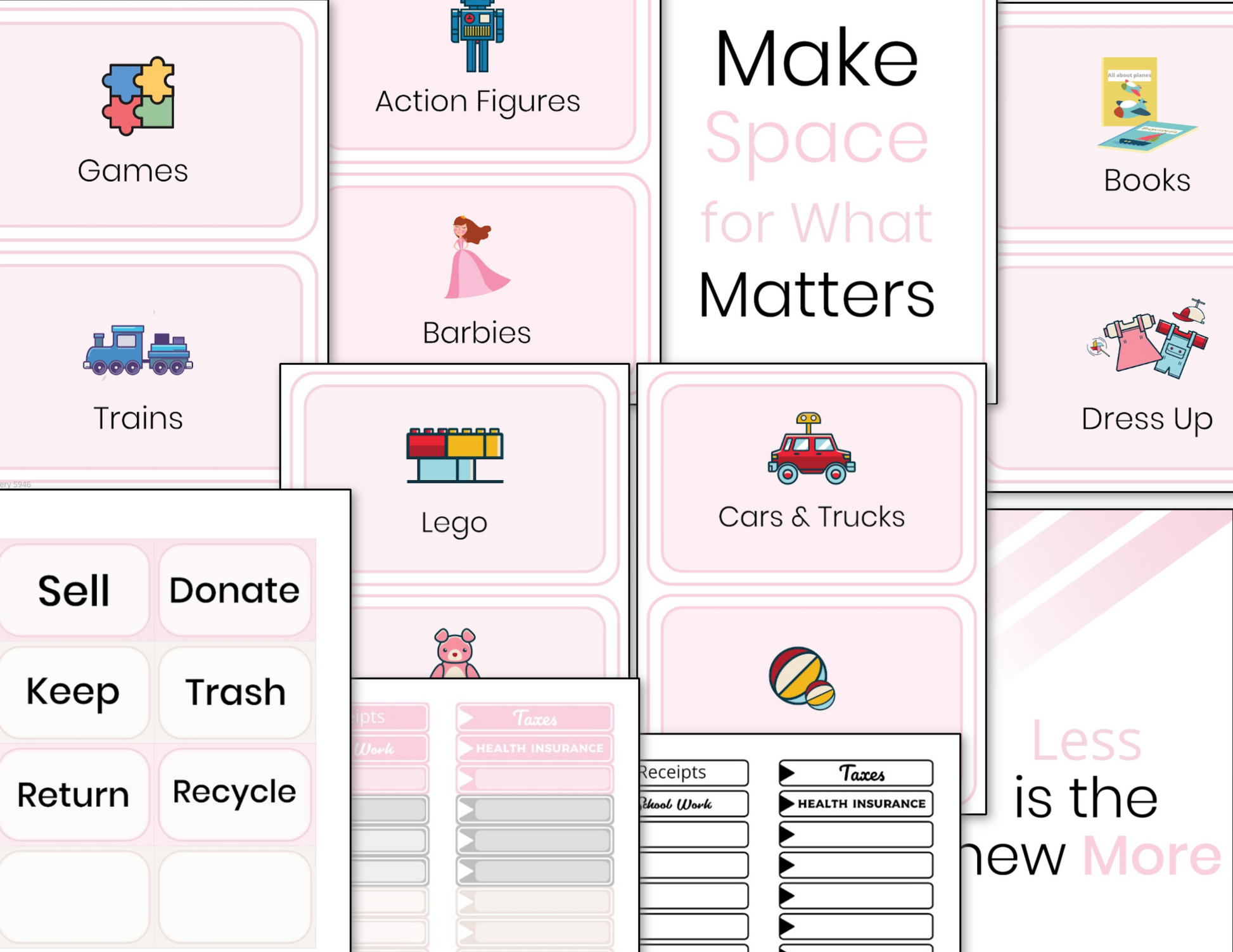 Illustration of various labeled Declutter Binder Fillable - Pink boxes for organizing items including toys, books, and documents, enhanced with printable stickers and a central slogan, "make space for what matters. (Organized 31 Shop)