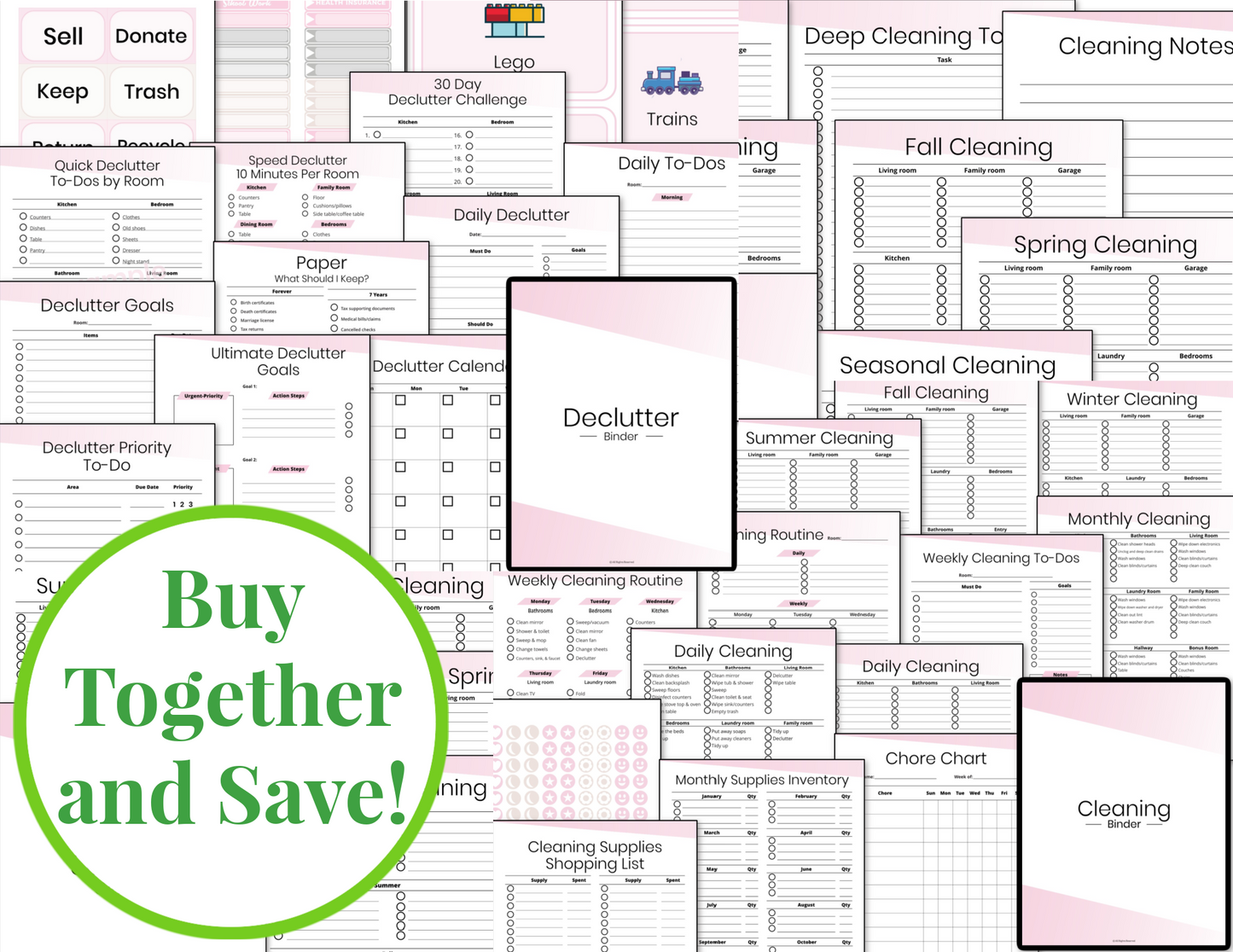 A pink and green printable promoting the Cleaning & Decluttering Binders Fillable Bundle - Pink from the Organized 31 Shop.