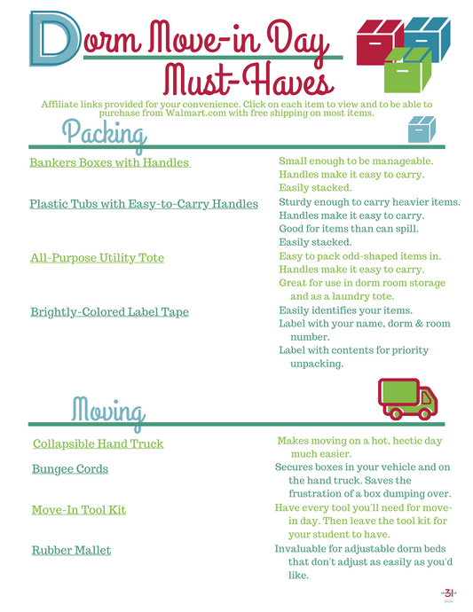 Printable checklist of College Dorm Move-In Day Must Haves for student dorm move-in day from Organized 31 Shop.