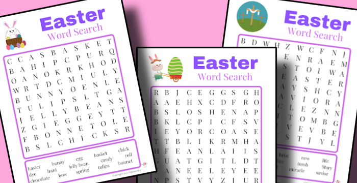 Three Easter Word Search Printable cards featuring a fun activity on a pink background from the Organized 31 Shop.