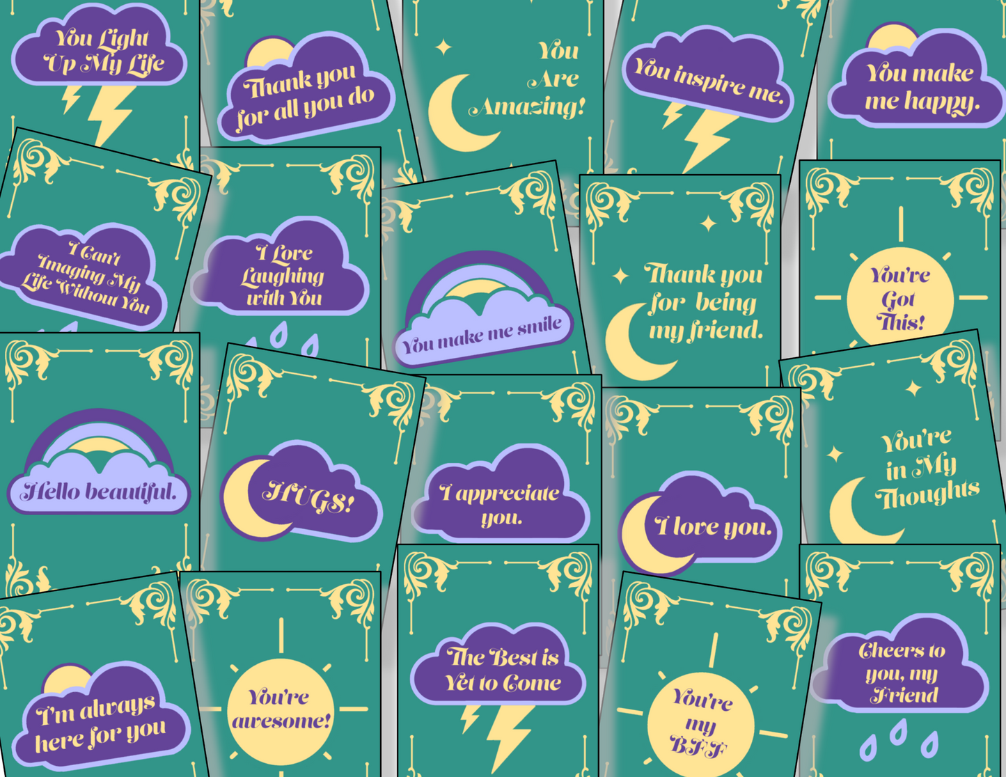 A set of high-resolution Organized 31 Shop Encouragement Cards featuring a rainbow and clouds.