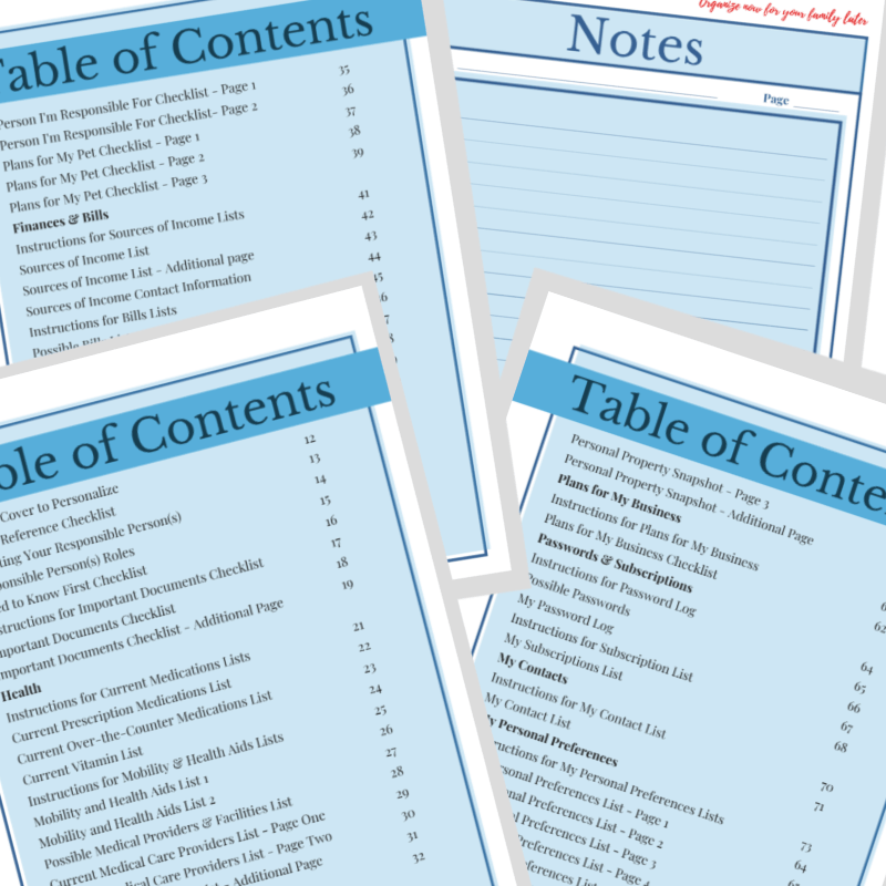 A Comprehensive End-of-Life Checklist Binder of contents for a school notebook from the Organized 31 Shop.