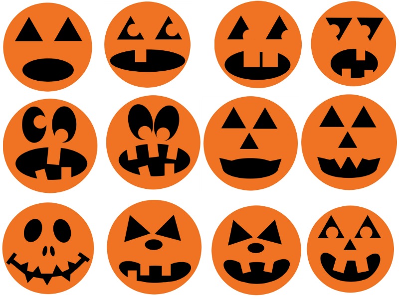 A set of Easy Halloween Treats Printables from Organized 31 Shop, featuring jack o lantern faces on a white background.
