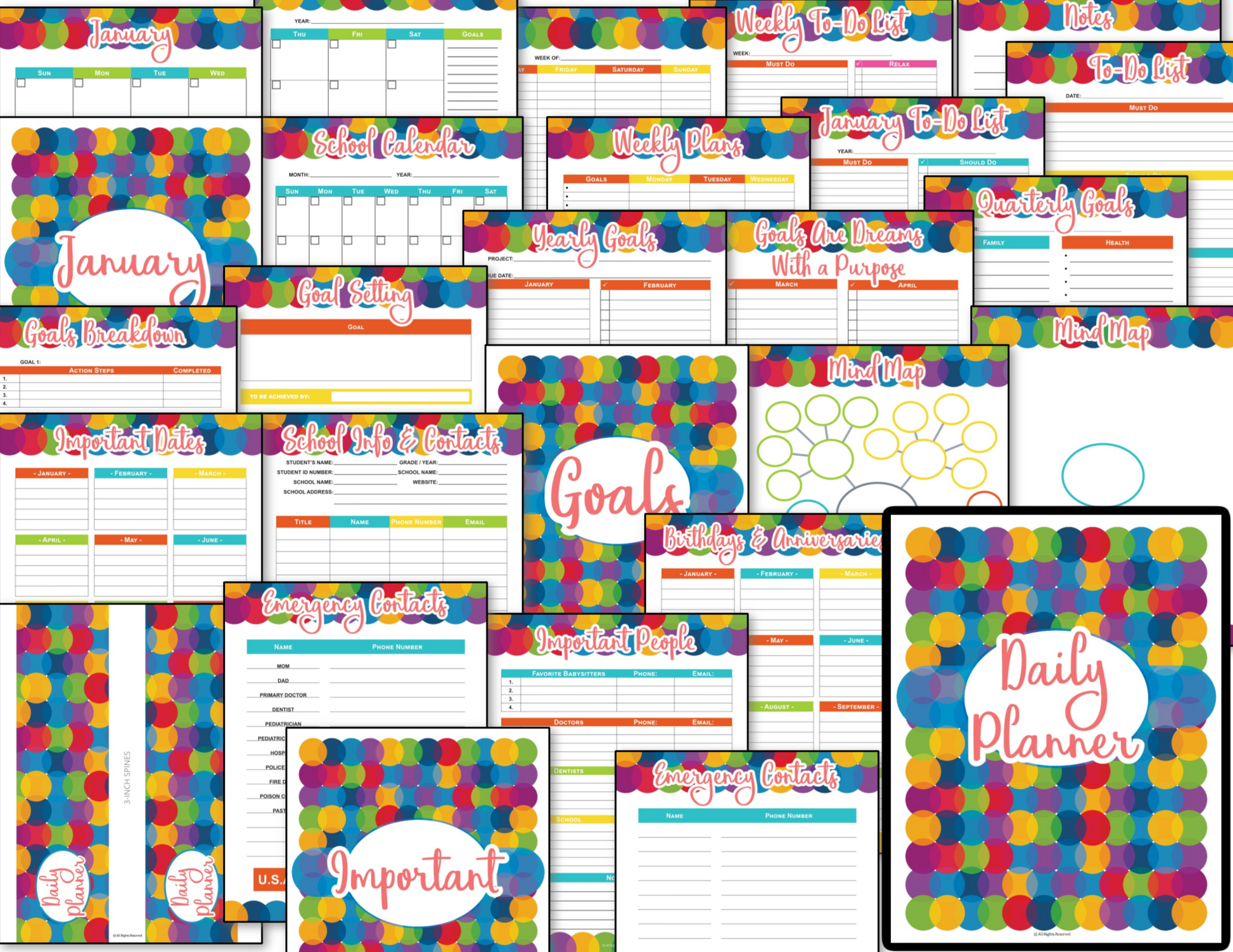 A Colorful Circles Planners Bundle and calendars from Organized 31 Shop.