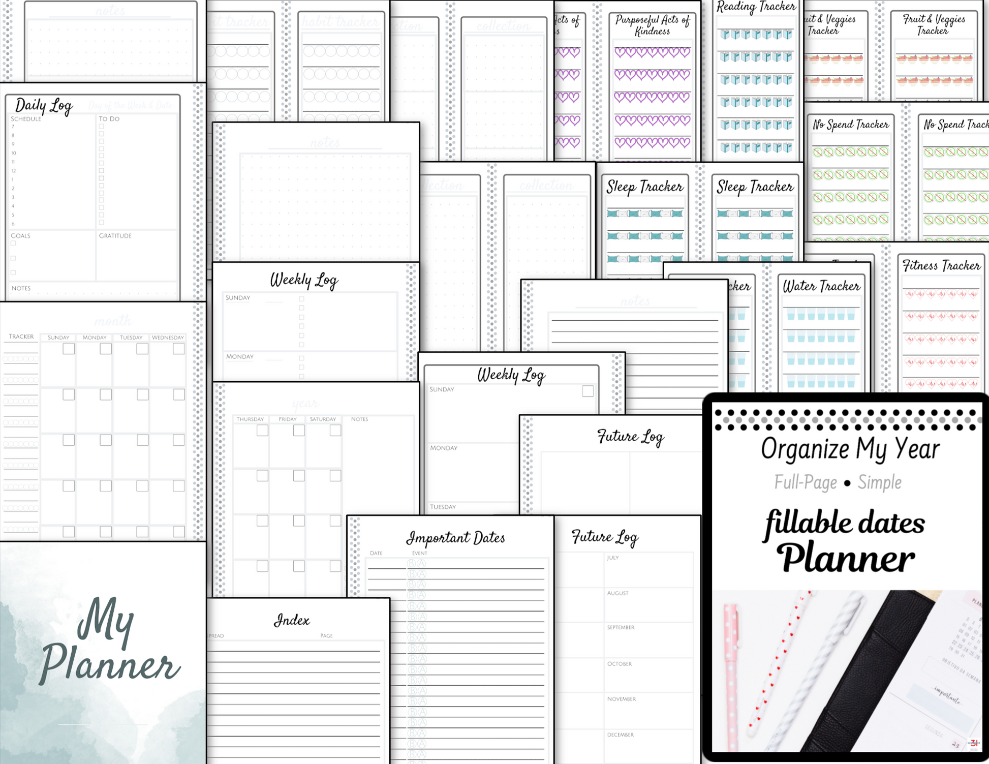 A variety of Fillable Printable Planners and Fillable Printable Planners in a variety of colors. (Brand: Organized 31 Shop)