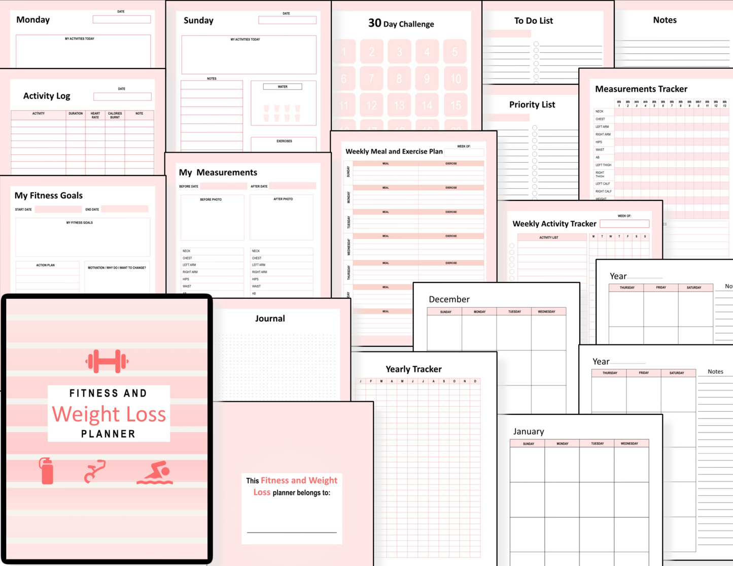 An Organized 31 Shop Fitness and Weight Loss Planner with a pink cover, perfect for tracking weight loss and fitness goals.