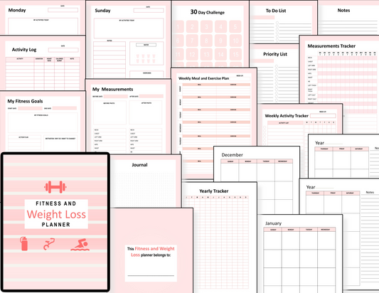 An Organized 31 Shop Fitness and Weight Loss Planner with a pink cover, perfect for tracking weight loss and fitness goals.