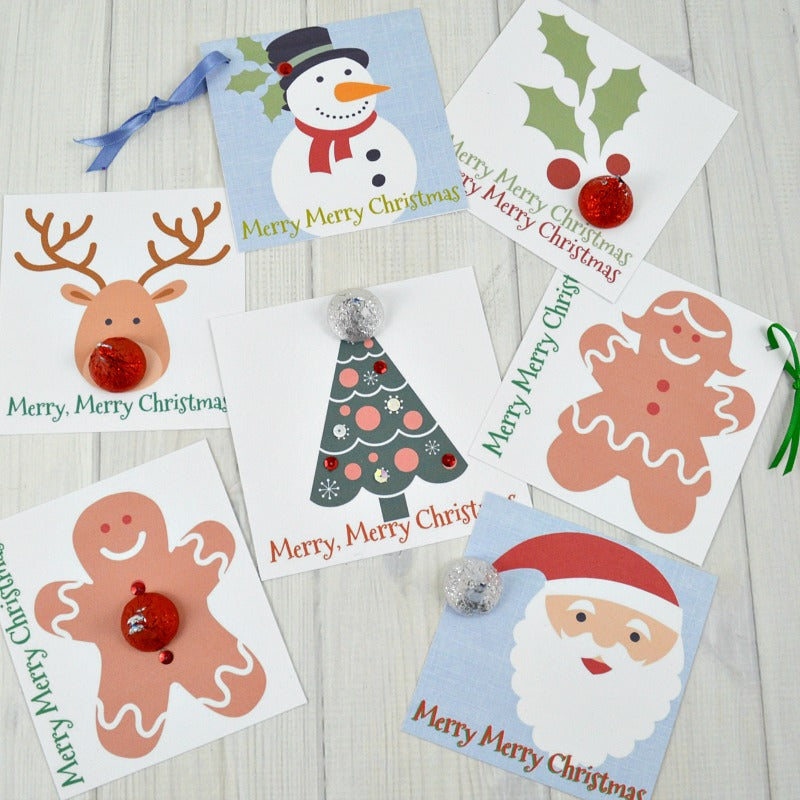 A set of Christmas Printables Cards with snowmen, reindeer and Santa Claus from Organized 31 Shop.