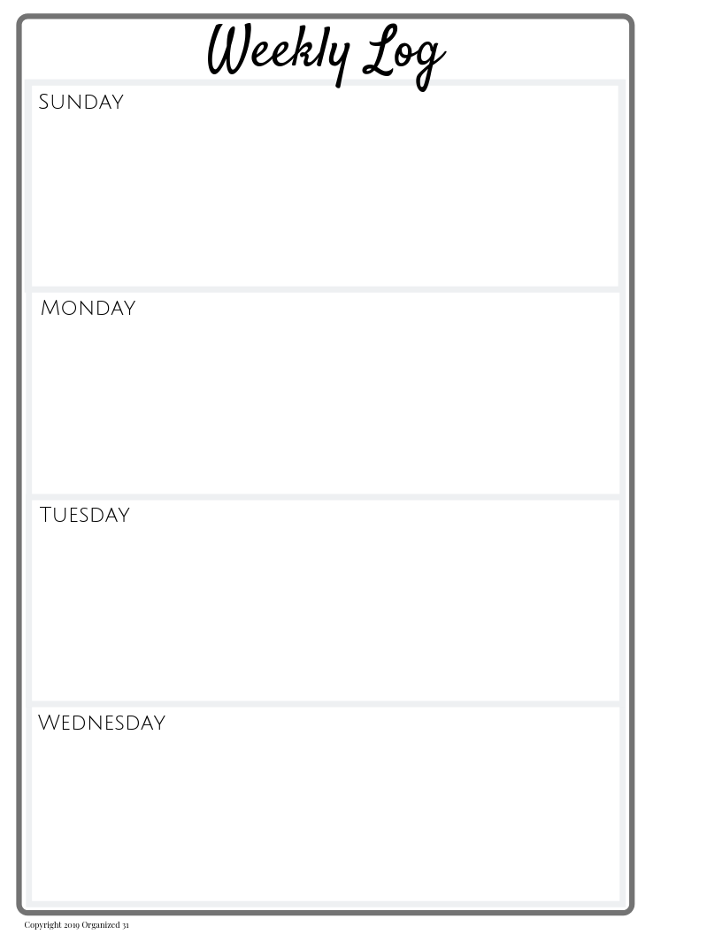 A preprinted weekly log template for bullet journaling, the Bullet Journal Templates Full-Page Undated from Organized 31 Shop.