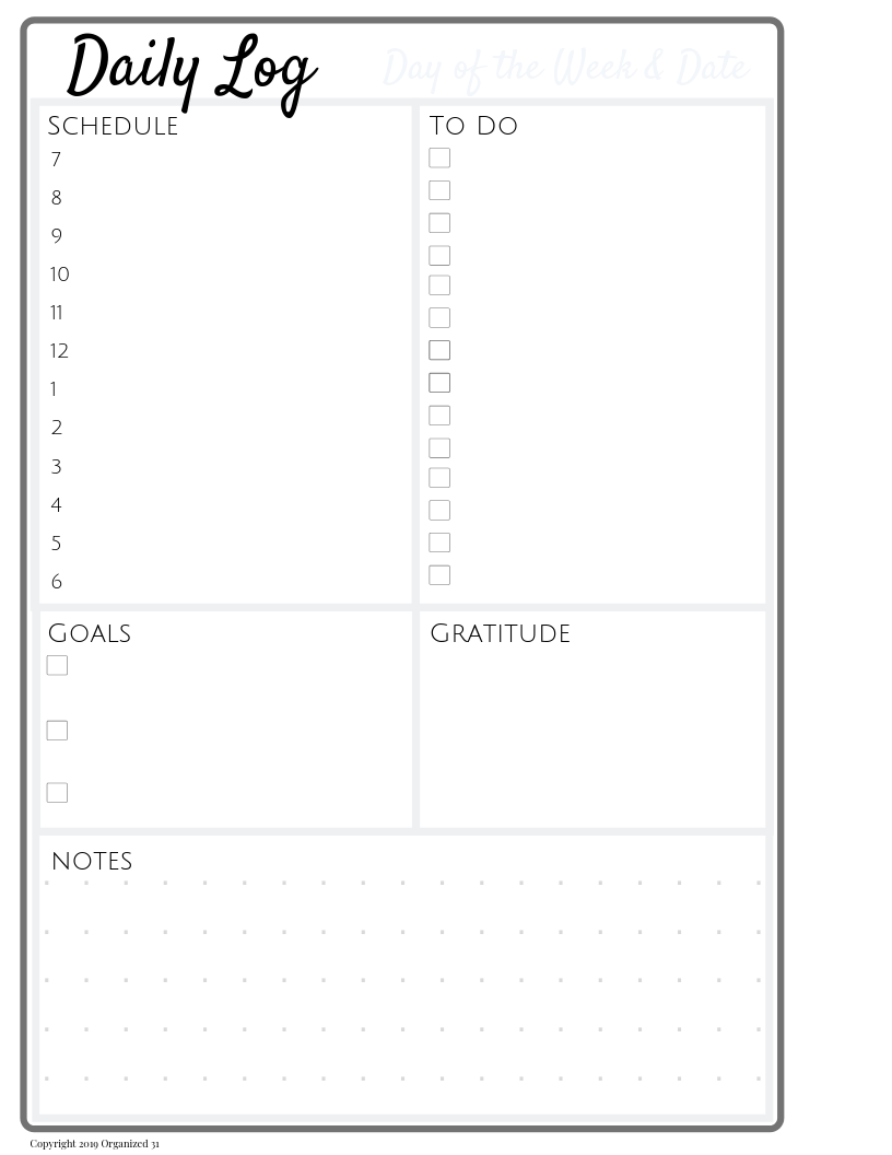 A printable daily planner with preprinted Bullet Journal Templates Full-Page Undated for daily log from Organized 31 Shop.