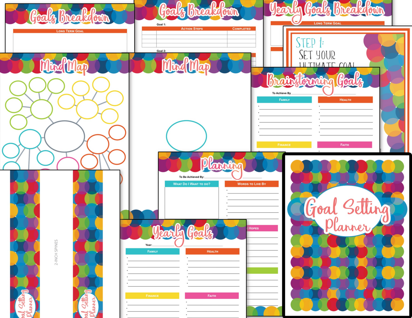 A set of Colorful Circles Planners Bundle with the words good calling years from Organized 31 Shop.