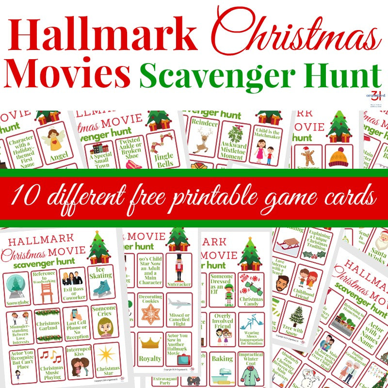 Organized 31 Shop's Hallmark Christmas Movie Scavenger Hunt printable game cards.