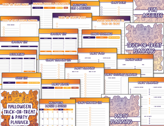 The Halloween Planner by Organized 31 Shop features a grid layout of templates for the season, offering trick-or-treat routes, party planning worksheets, grocery lists, and costume ideas with orange and purple accents.
