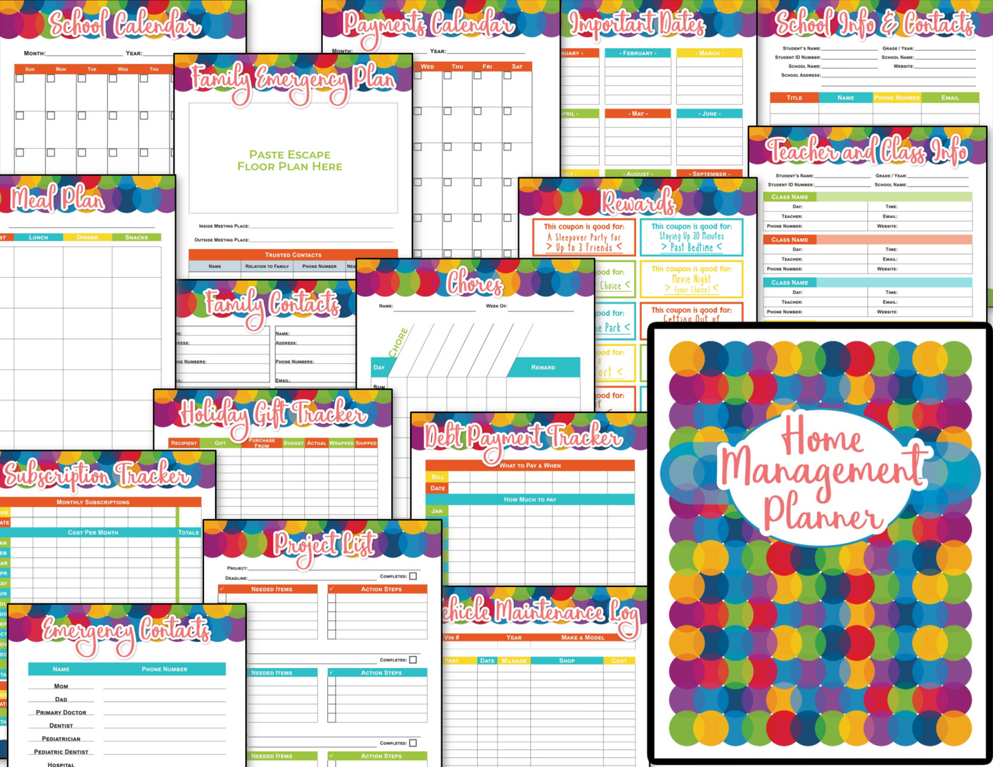 Organized 31 Shop's Home Management Planner - Colorful Circles printables.