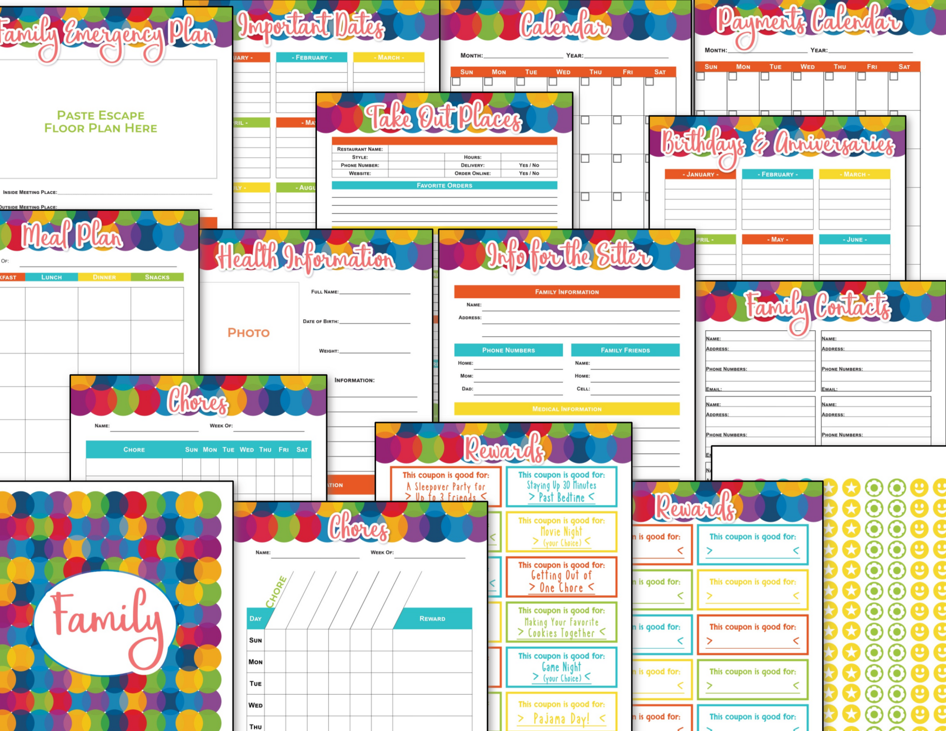 A colorful set of Home Management Planner - Colorful Circles printables from the Organized 31 Shop.