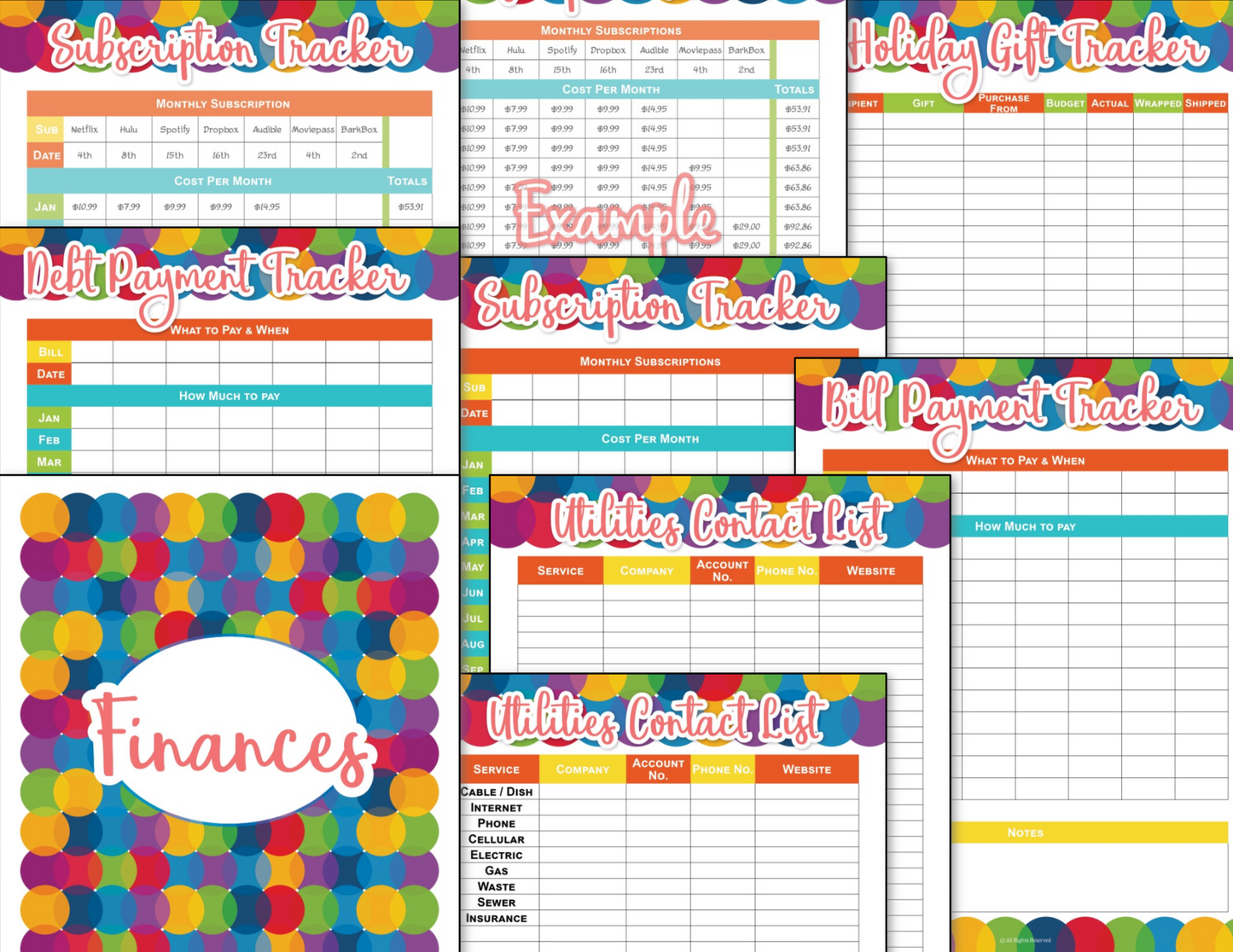 A set of Home Management Planner - Colorful Circles worksheets with polka dots from Organized 31 Shop.