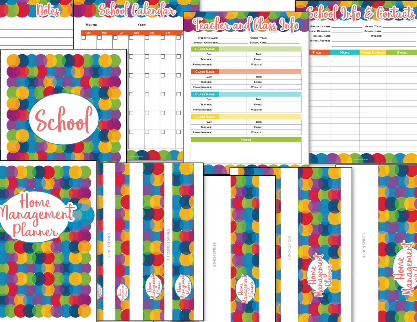 A set of Home Management Planner - Colorful Circles school calendars and planners from Organized 31 Shop.