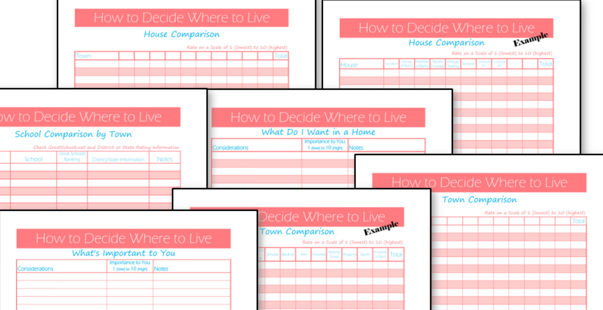 A set of Organized 31 Shop's "How to Decide Where to Live Worksheets" for a healthy meal plan.