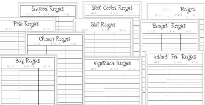 A set of Organized 31 Shop's Meal Planning List Worksheet with dinner recipes and a white background.