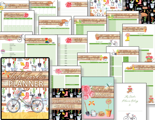 A collage of pages from Organized 31 Shop's "Lush Garden Planner" showcasing floral designs, checklists, to-do lists, gardening tools, a vegetable planting guide, and decorative elements for a vibrant and organized gardening experience.