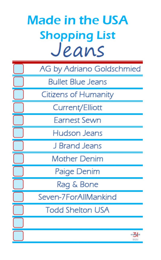Image of an Organized 31 Shop printable shopping list titled "Jeans Made in the USA Shopping List" featuring American-made jeans brands, with checkboxes next to each name, decorated with red, blue, and light blue colors.