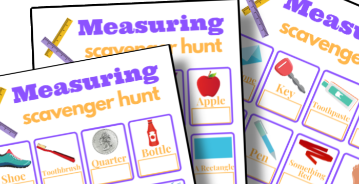 Printable Organized 31 Shop Measuring Scavenger Hunt game boards for learning about measurements.