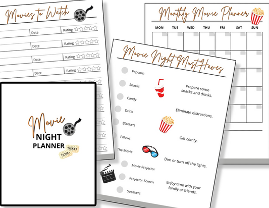 An Organized 31 Shop Movie Night Planner with a movie poster and movie tickets.