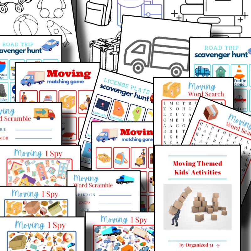 Moving Themed Kids’ Activities from Organized 31 Shop, for preschoolers.