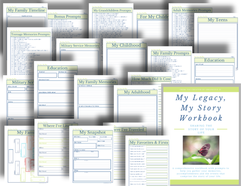 white, blue and light green worksheets scattered with largest page saying "My Legacy, My Story workbook".
