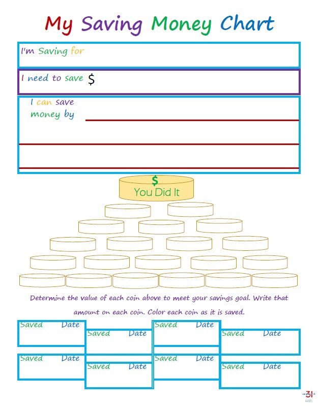 Printable Children's Savings Goal Chart from Organized 31 Shop for teaching children.