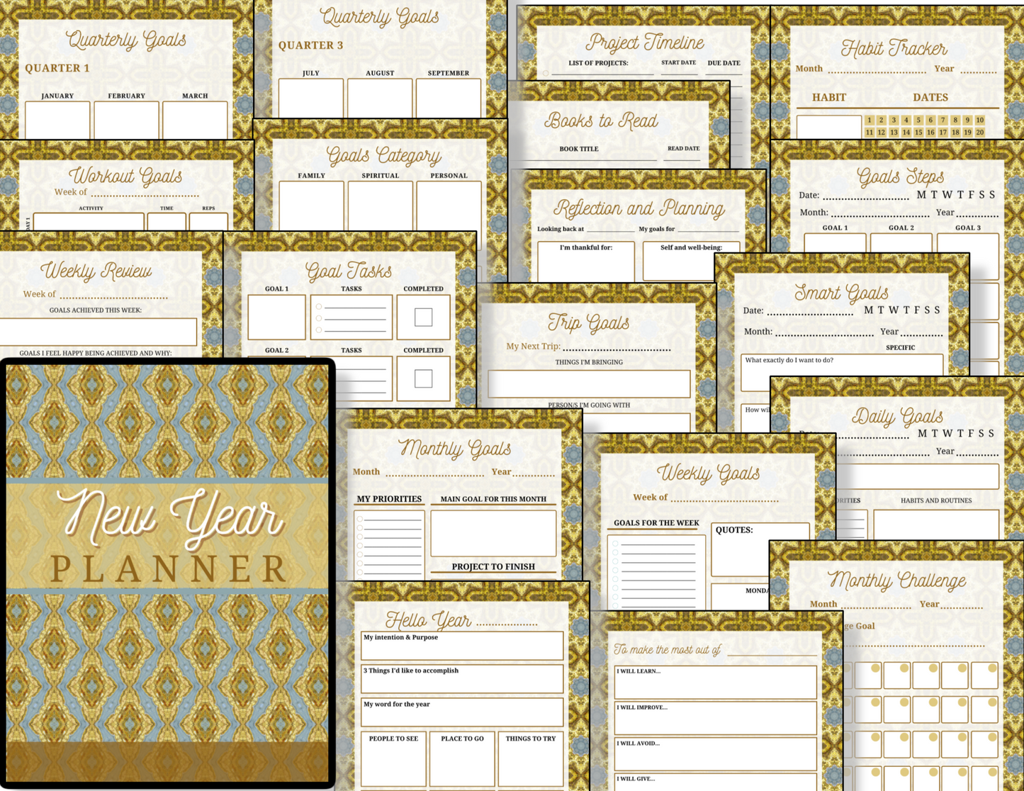 A collection of gold and blue Organized 31 Shop New Year Planners in PDF format.